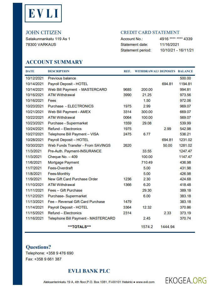 Modèle de relevé bancaire finlandais Evli Bank PLC facile à remplir au format Excel et PDF